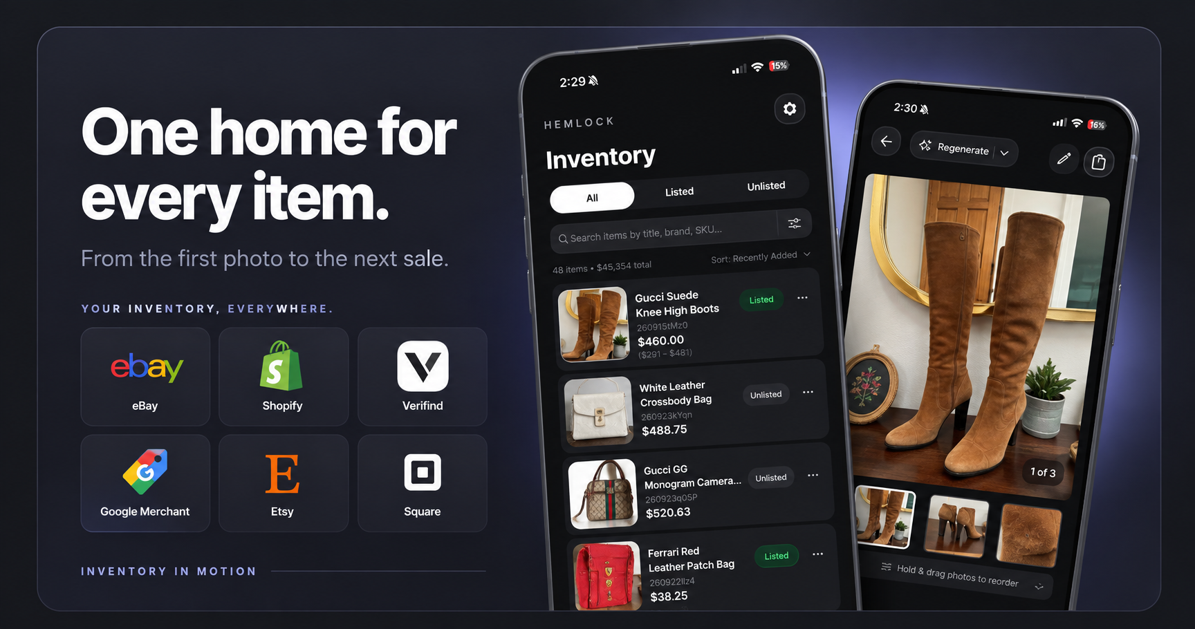 Hemlock inventory and item screens beside eBay, Shopify, Verifind, Google Merchant, Etsy, and Square