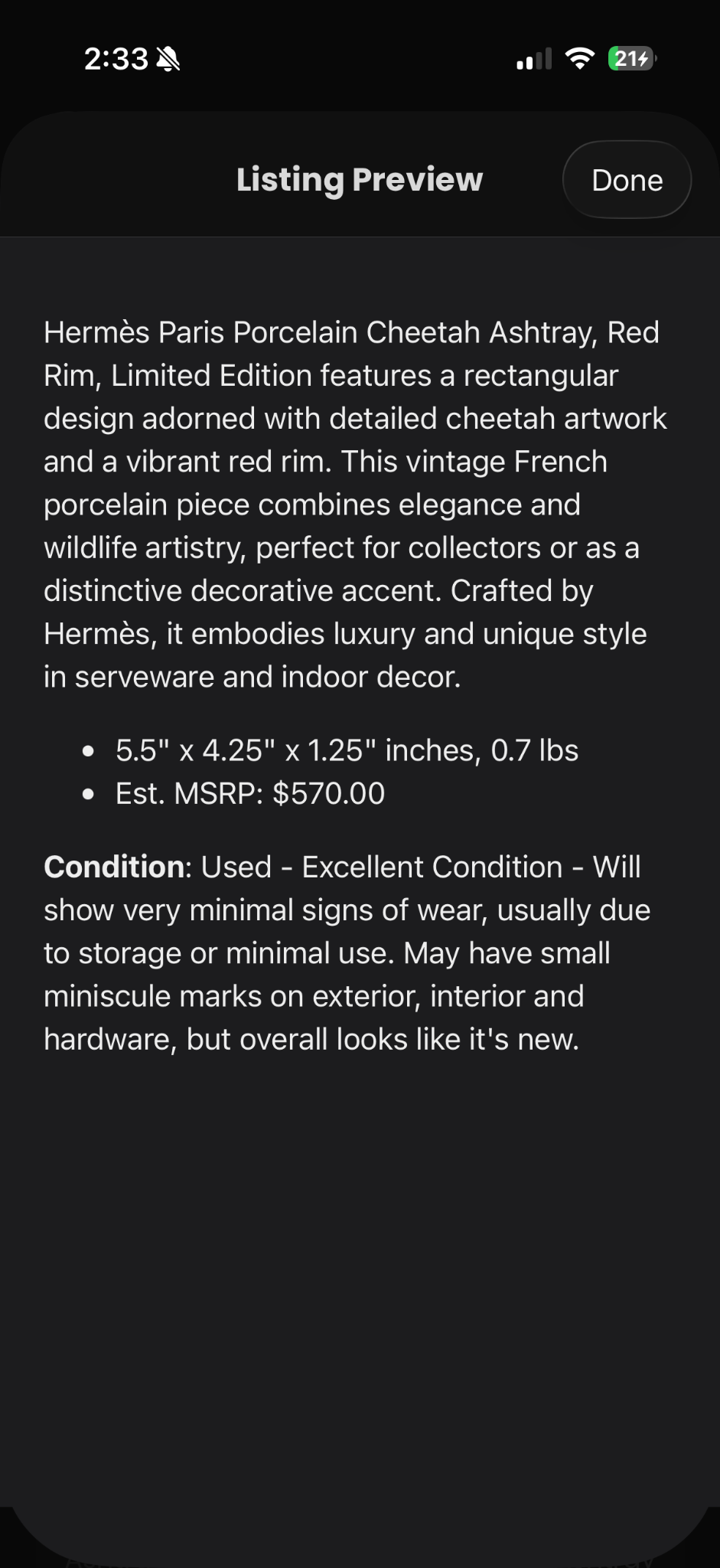 Actual Hemlock listing preview with product description and condition