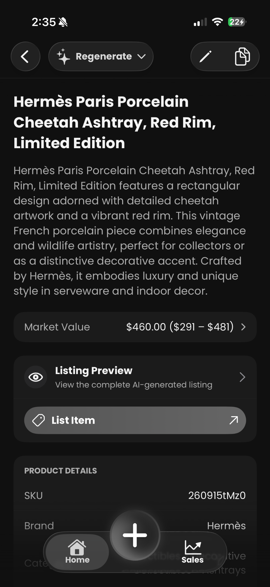 Actual Hemlock item screen with generated title, details, market value, and listing action